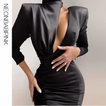 NEONBABIPINK Black Satin сексуальное мини платье с длинными рукавами
