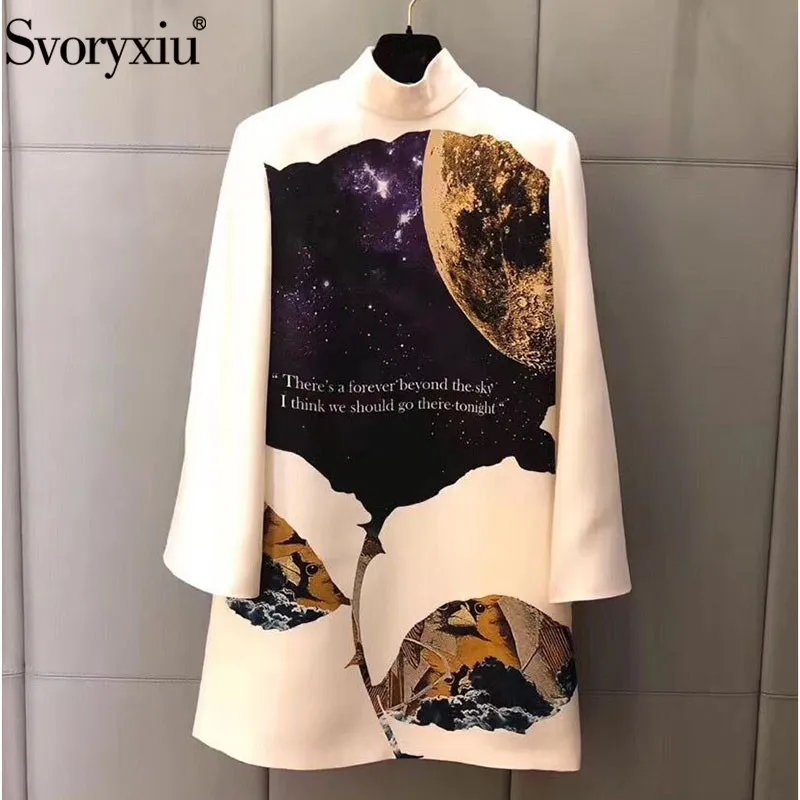 

Svoryxiu Designer Autumn Winter White Turtleneck Dress Women's Long Sleeve Mysterious Starry Sky Printed Fashion Short Dresses
