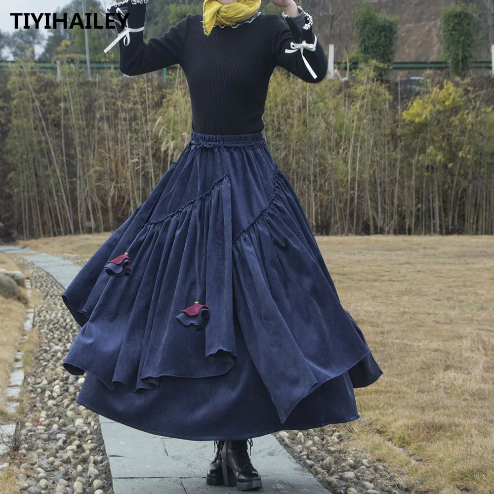 TIYIHAILEY Free Shipping Long Maxi Winter Elastic Waist Women Chinese Style S-2XL Corduroy Irregular Big Hem Navy Blue Skirts