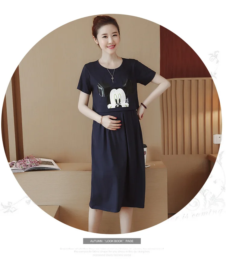 Summer New Style Maternity Clothes Medium-length Fashion Mickey Nursing Dress Korean-style Pregnant Women Nursing Clothes