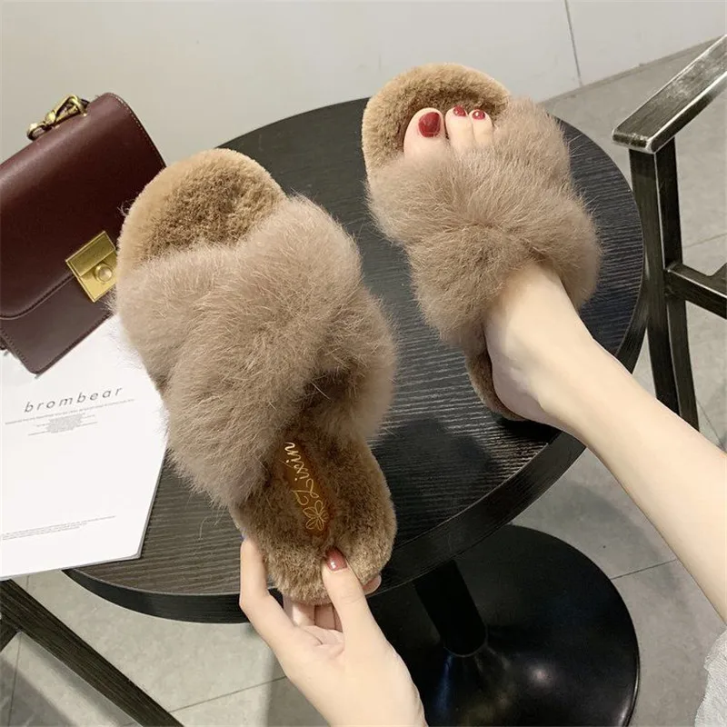 

Winter Cross Band 3cm Heel Fur Slippers for Women Soft Plush Furry Indoor Ladies Platform Shoes Open Toe Fluffy House Slippers