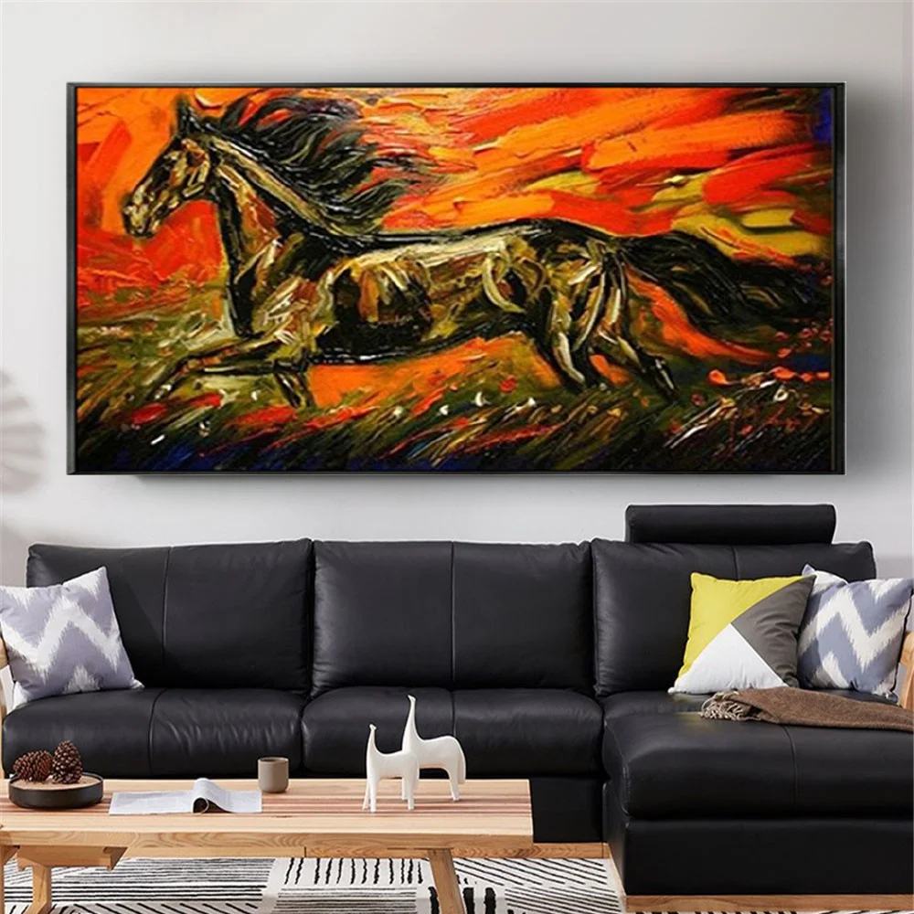 

Hand-Pained Canvas Drawing Running Dark Horse Wall Art Posters And Pattern Handmade Pictures Home Decor Mural Live Exhibition