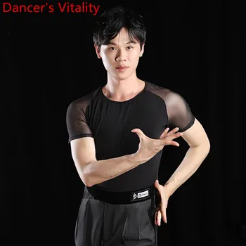 

Latin Modern Dance Practice Clothes Men Adults Short Sleeve Splicing Top National Standard Rumba Samba Tango Dancing Train Outfi
