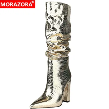

MORAZORA 2020 big size 45 newest knee high boots women pointed toe high heels autumn winter boots pleated prom shoes ladies