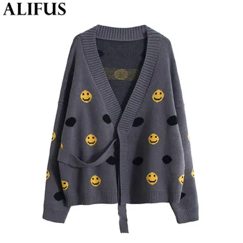 

Fashion Za Women Sweaters 2019 Autumn Lace Up Smiley Face V-Neck Chic Cardigan Long Sleeve Loose Knitting Ladies Sweater Female