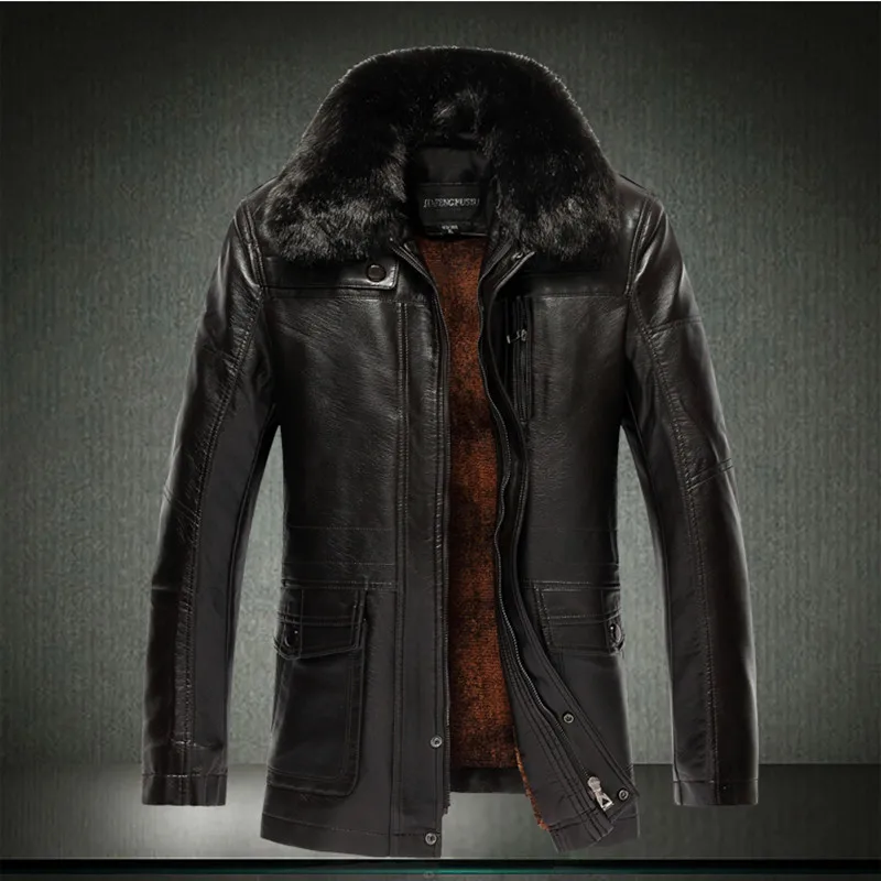 Men Winter Fur Collar Parkas Plus Velvet Fleece Leather Jacket Keep Warm Thick Stylish Mans Coat Big Size 6xl 5xl 7XL 1203