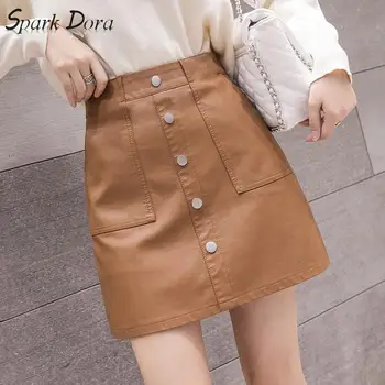 

SparkDora 5-color Breasted A-line Leather Skirt 2020 High Waist Buttock Half Body Pu Leather Skirt With Lining