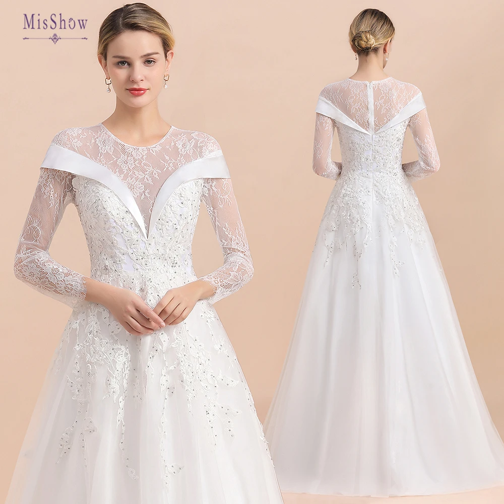 

New Romantic Wedding Dresses With O Neck Floor Length Illusion Lace Princess Zipper A Line Bride Gowns Vestido Festa De Noiva