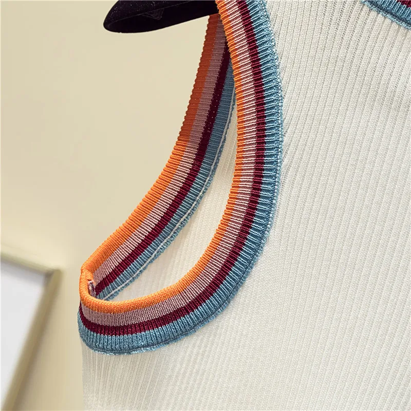 women Striped Color collision knitted vest female lady Girls suspenders waistcoats thin summer ice silk sleeveless Tank Tops