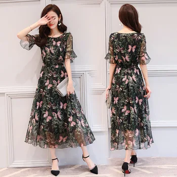 

Summer Dress CHOHILL Women Bohemian Leisure Chiffon Sundress Lady Short Sleeve Casual Loose Retro Midi Vestidos Plus Size 6XL
