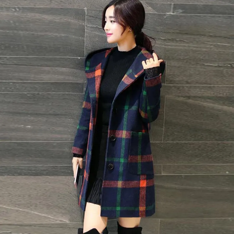 Women Korean Winter Overcoat Loose Plus Size Jacket Long Sleeve Hooded Mid-long Plaid Outwear Elegant Coat  . 2