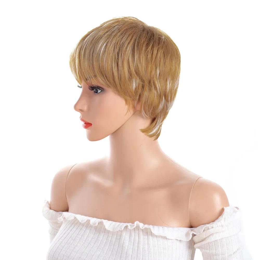 Women's Daily Short Straight Hair Synthetic Wig Air bangs Brown white mixed color High quality high temperature fiber material
