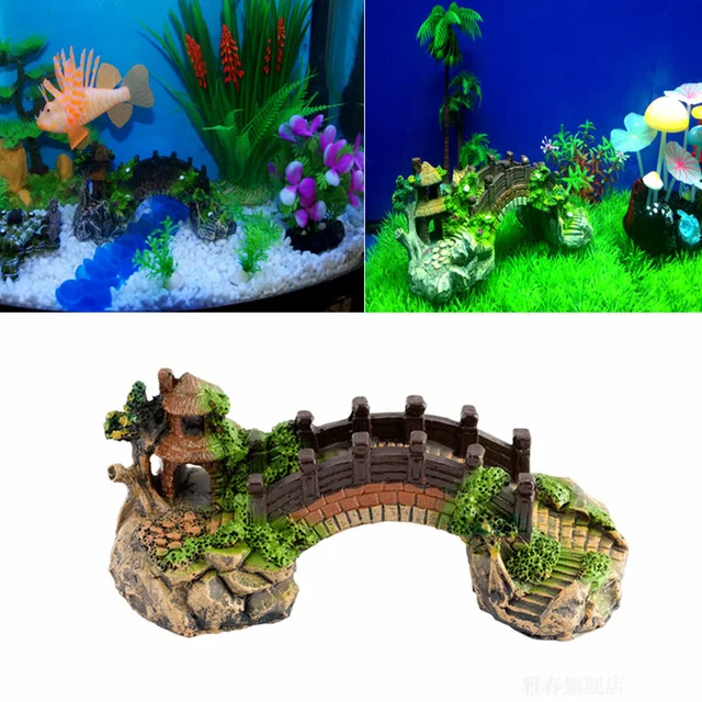 Aquarium Fish Tank Vintage Decorative Bridge Landscape Ornaments Pavilion Tree Plants Resin Design Pet Supplies Home Decorations
