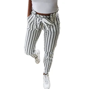 

2020 Skinny Women Striped Long Jeans Tie High Waist Ladies Pants Trouser Casual Pants Female Trousers With Belt #YL10