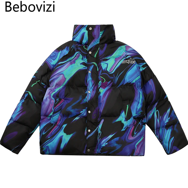 

Bebovizi Men Tie Dyeing Windbreaker Hip Hop Jacket Parka Street Wear Harajuku Warm Outwear Winter Skateboard Padded Jacket Coat