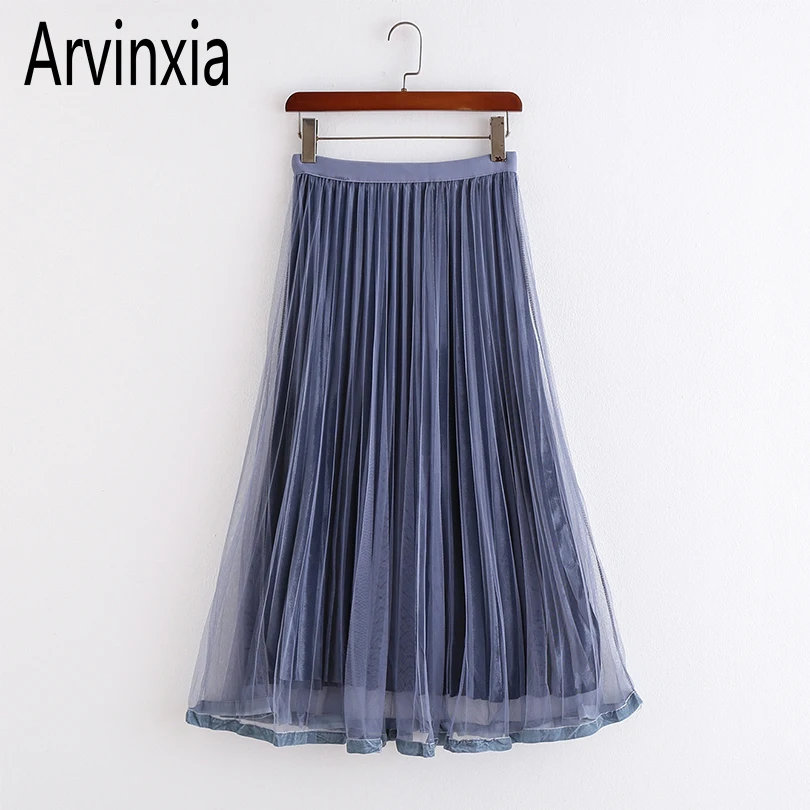 Arvinxia ZA/новые женские юбки в полоску с высоким поясом, сексуальные свободные офисные женские юбки, модные шикарные однотонные уличные юбки из тюля