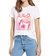 

100% Cotton Unisex, Cartoon, Creamy Milk, Strawberry, Kawaii, Retro 90s, Japanese, Funny, Summer, Women's T-Shirt