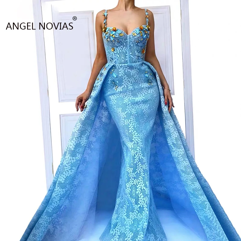 

Long Sky Blue Mermaid Lace Evening Dresses 2019 with Straps Saudi Arabia Dubai Moroccan Sexy Formal Prom Gowns