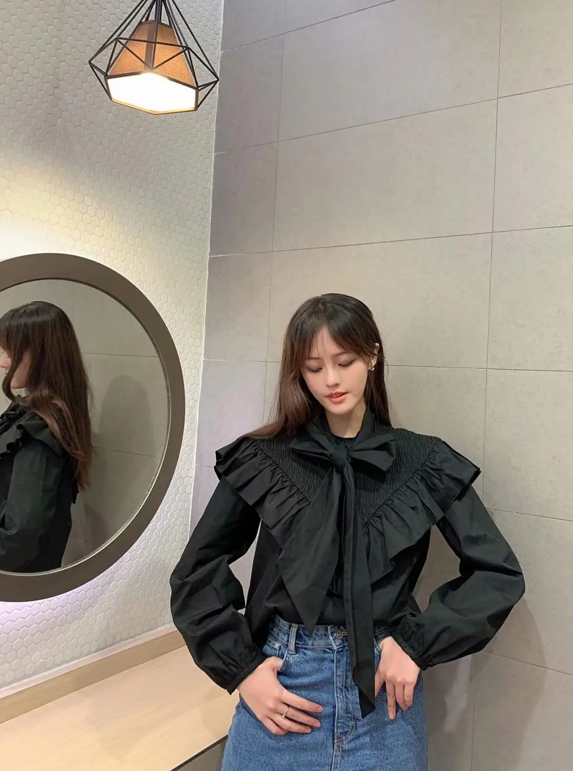 Najtaniej Kobiety high street łuk kołnierz kaskadowe ruffles casual bluza bluzka z krótkim rękawem rękaw damski poszerzany typu lantern elastyczne czarne blusas topy LS4148
