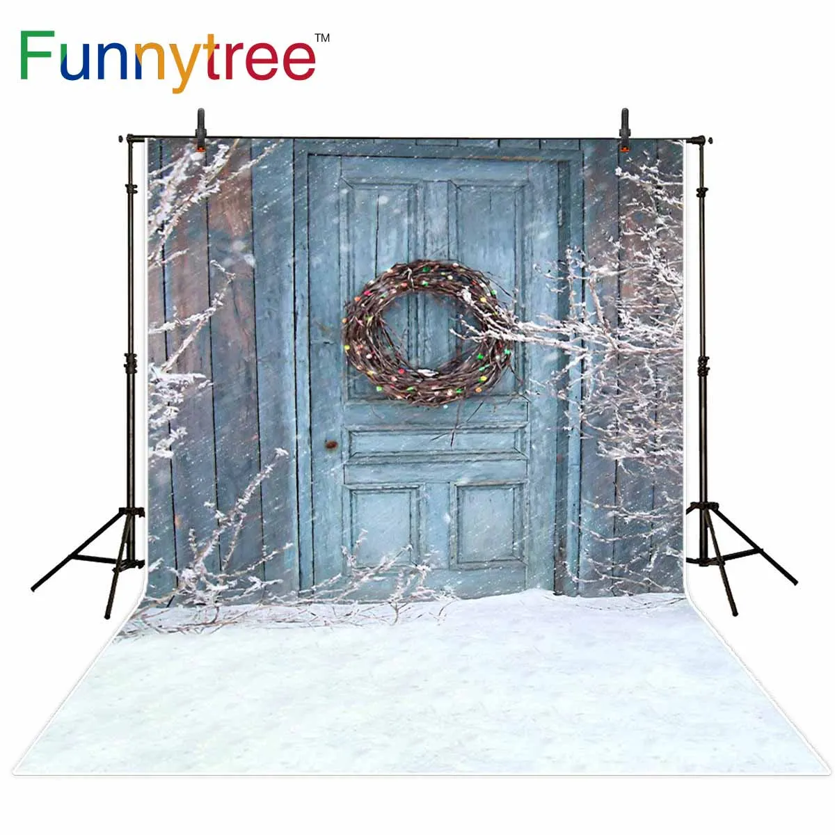 Funnytree фотография фоновая рождество деревянная дверь снег замороженный | Фон для фотосъёмки -4000087035105