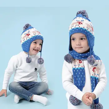

Toddler Kids Winter Reindeer Jacquard Beanie Cap Scarf Pompom Earflap Cap Warmer