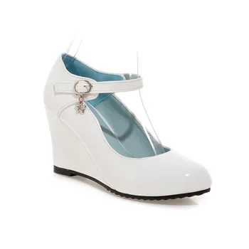 

ZawsThia autumn spring patent PU leather woman's shoes round toe buckle strap ladies office pumps wedges high heels mary janes