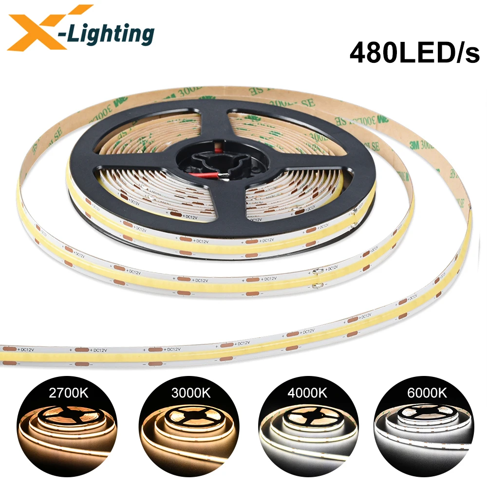

COB LED Strip Light 480 LEDs High Density Flexible Strip Lights RA90 Warm Natural Cool White Linear Dimmable DC12V