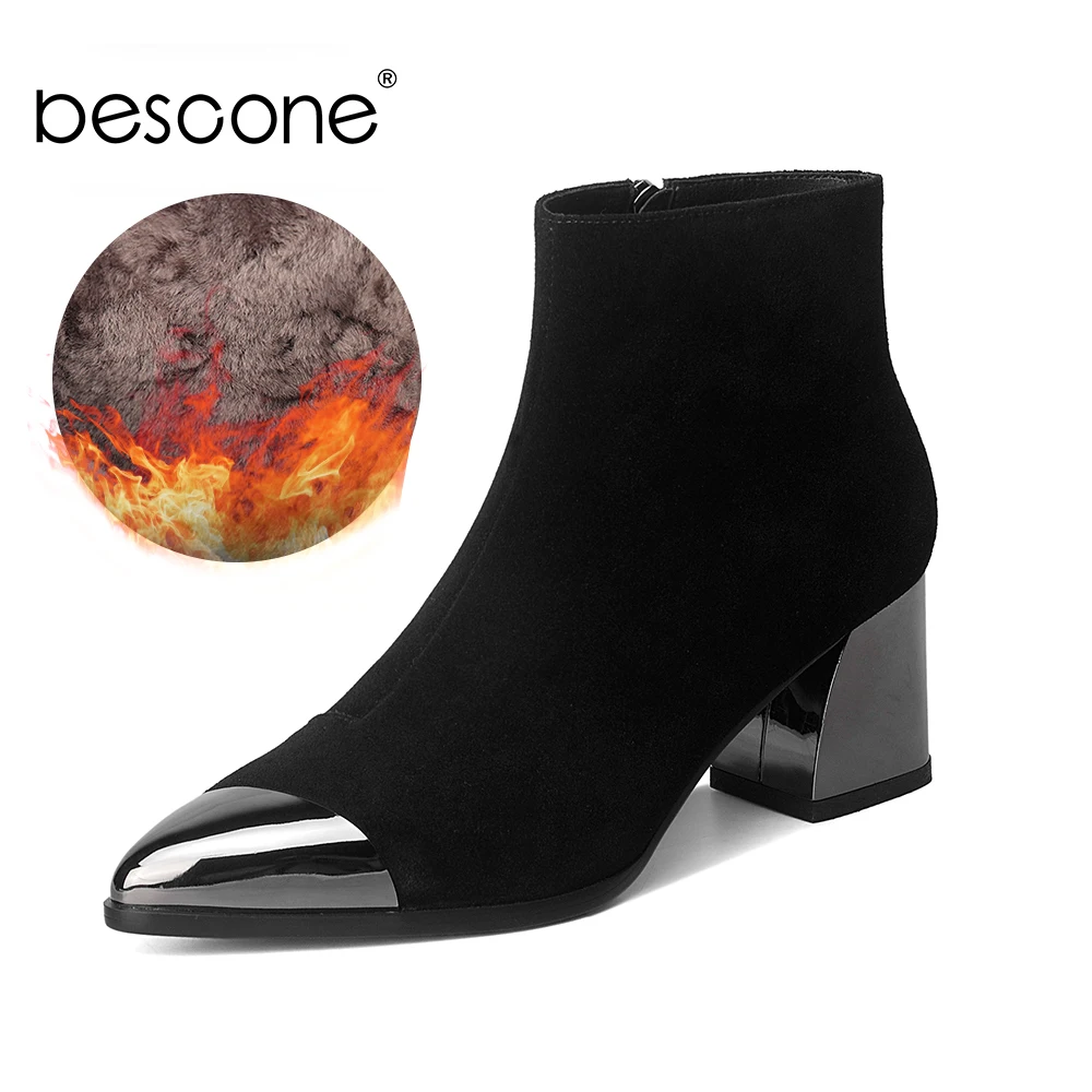 

BESCONE Boots Women Winter Elegant Cow Suede Handmade Ladies Boots Pointed Toe Ankle Boots Zipper High Heel Women's Boots BO652