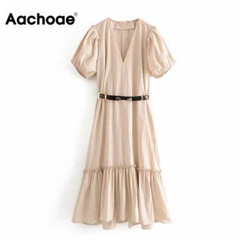 

Elegant Deep V Neck Midi Dress Puff Short Sleeve Pleated Dress With Belt Solid Fashion Casual Ladies Dresses Vestidos Mujer