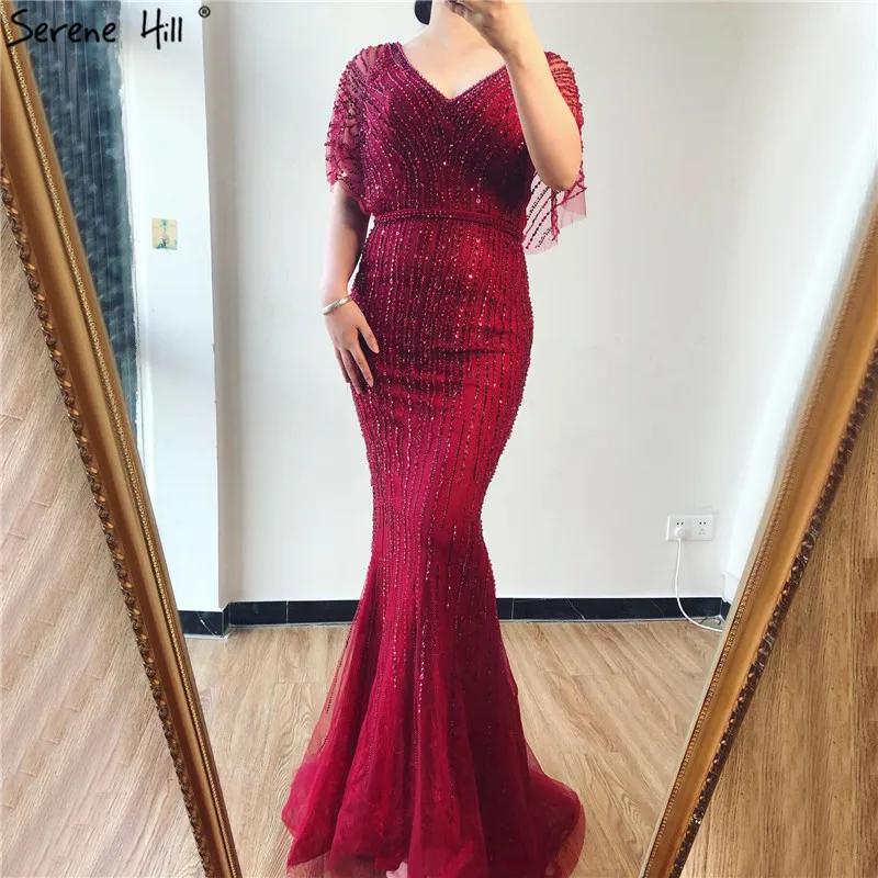 

Red Dubai Luxury Half Sleeves Prom Dresses 2019 Mermaid Beading Crystal Prom Gowns Design Real Photo BLA70163