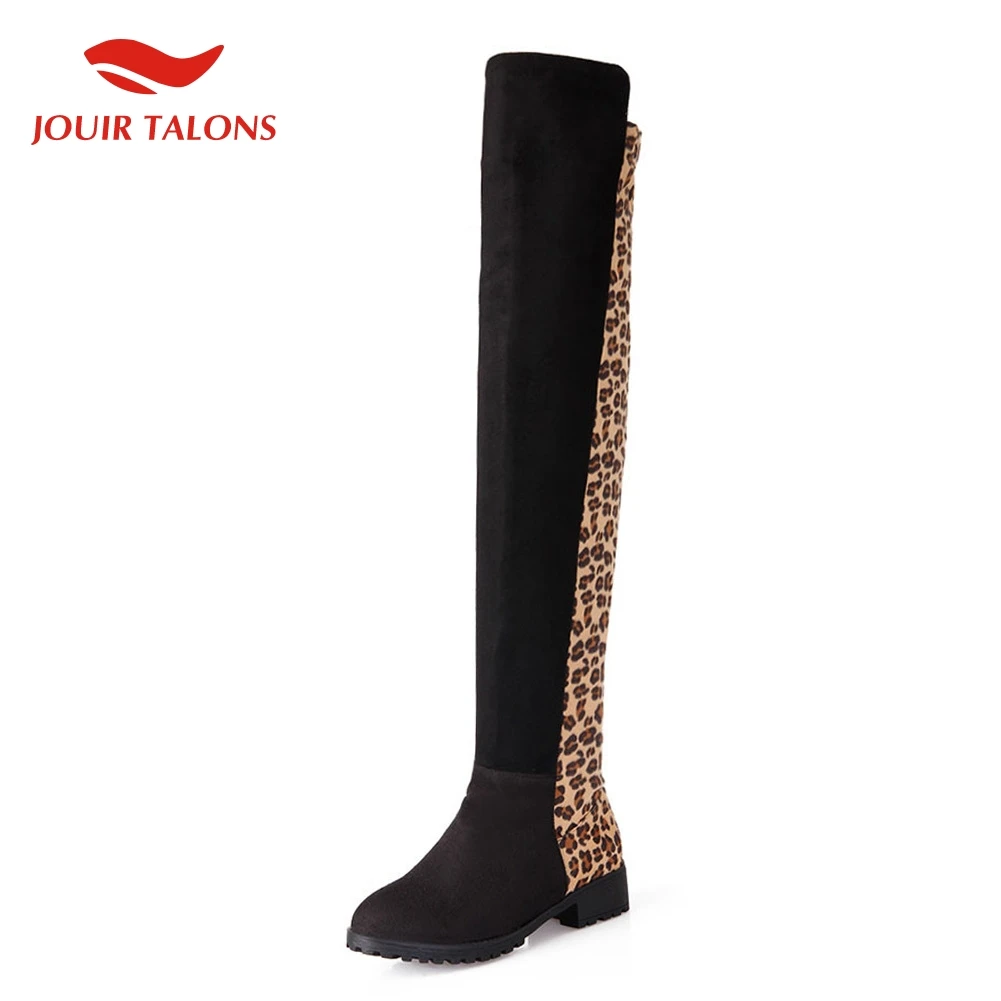 

On Sale 2019 Large Size 44 Fashion Leopard Ladies Square Heels Thigh High Shoes Woman Casual Over The Knee Boots Women