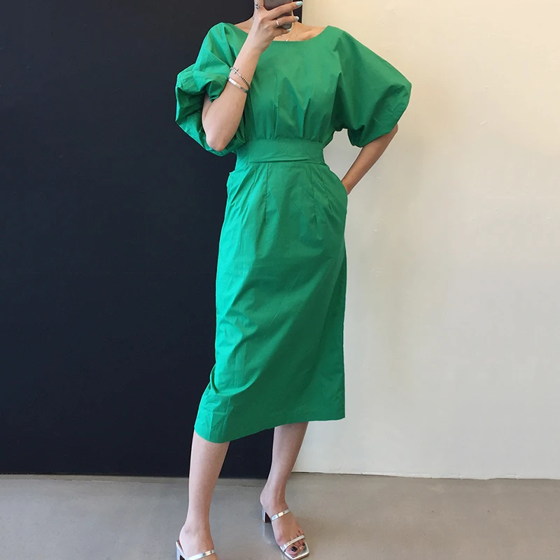 Woherb Elegant Bodycon Dress Women Korean Clothes Chic Lace Up Bow Slim Fit Backless Vstidos Lantern Sleeve Split Dresses 92937