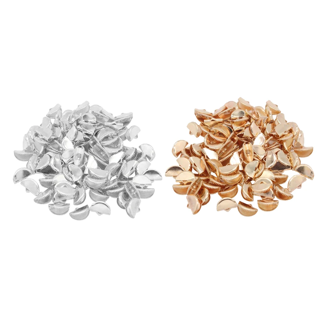 100Pcs Golden/Silver Half Round Ribbon Clamp End Crimps Cord Ends with Loop Jewelry Making Supplies, 2 Colors Available