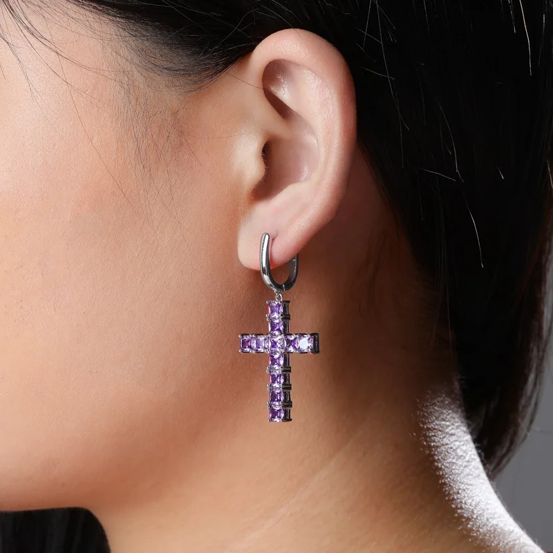 purple Серьги со льдом квадратной формы с цирконом сережки-крестики серьги в стиле хип-хоп для мужчин и женщин ювелирные уличные модные серьги в стиле панк - Окраска металла: purple