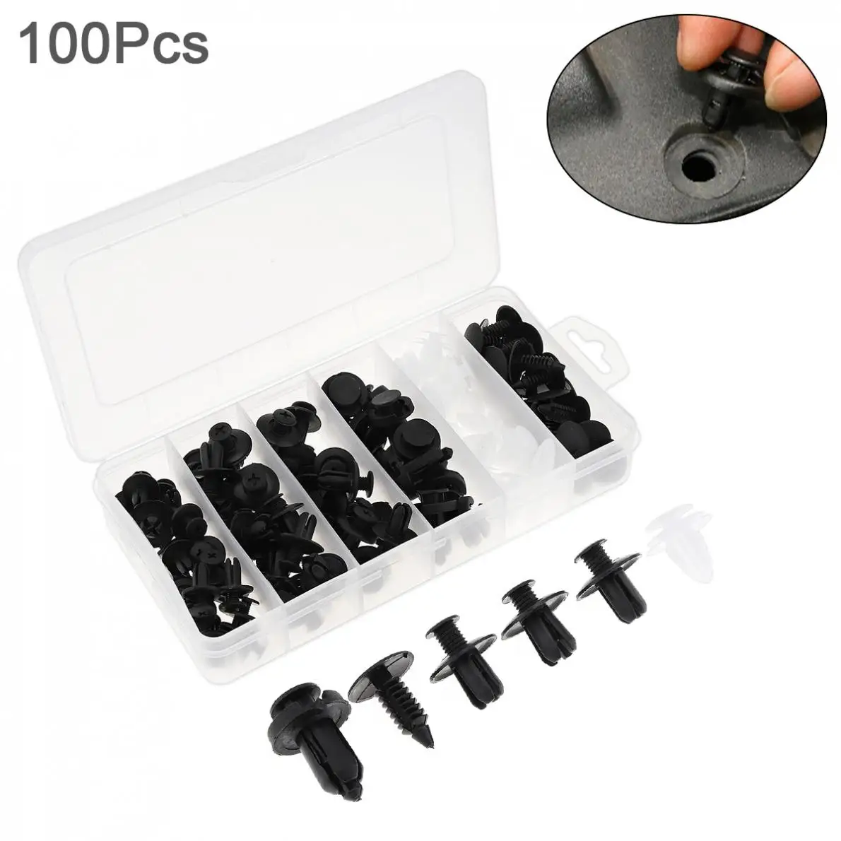 

6 Kinds 100pcs Universal Plastic Car Auto Body Bumper Push Pin Clip Rivets Fastener Expansion Screws Kit with Storage box