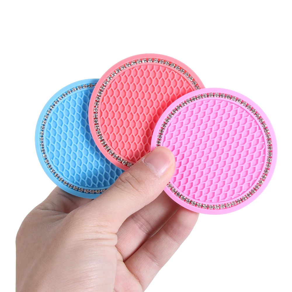 Bling Glitter Acrylic Diamond Car Coaster PVC Travel Auto Cup Mats Insert Coaster Anti Slip Crystal Car Interior Accessories