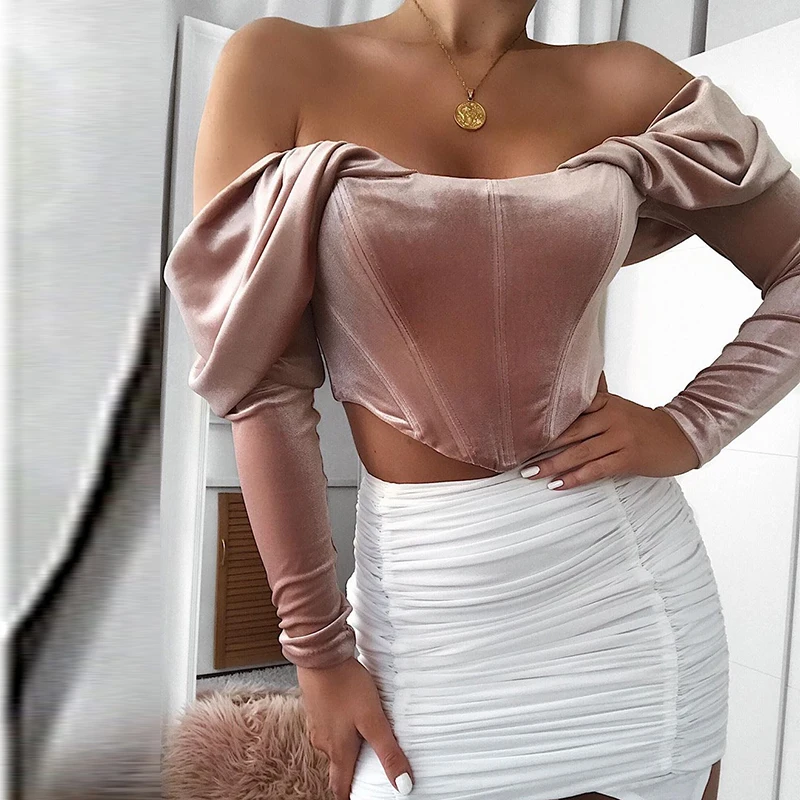 NewAsia Boning Corset Shirt Velvet Blouse Women Autumn Vintage Long Sleeve Ruched Off Shoulder Corset Tops Ladies Sexy Shirt New