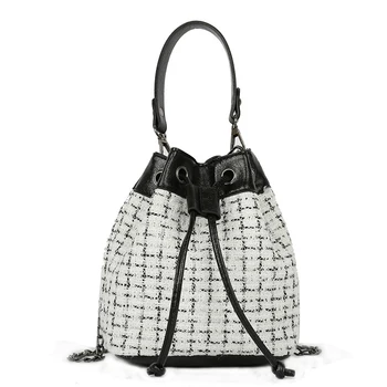 

Women's plaid bag 2020 new fashion plaid bucket bag pu hand ladle shoulder slung chain bag