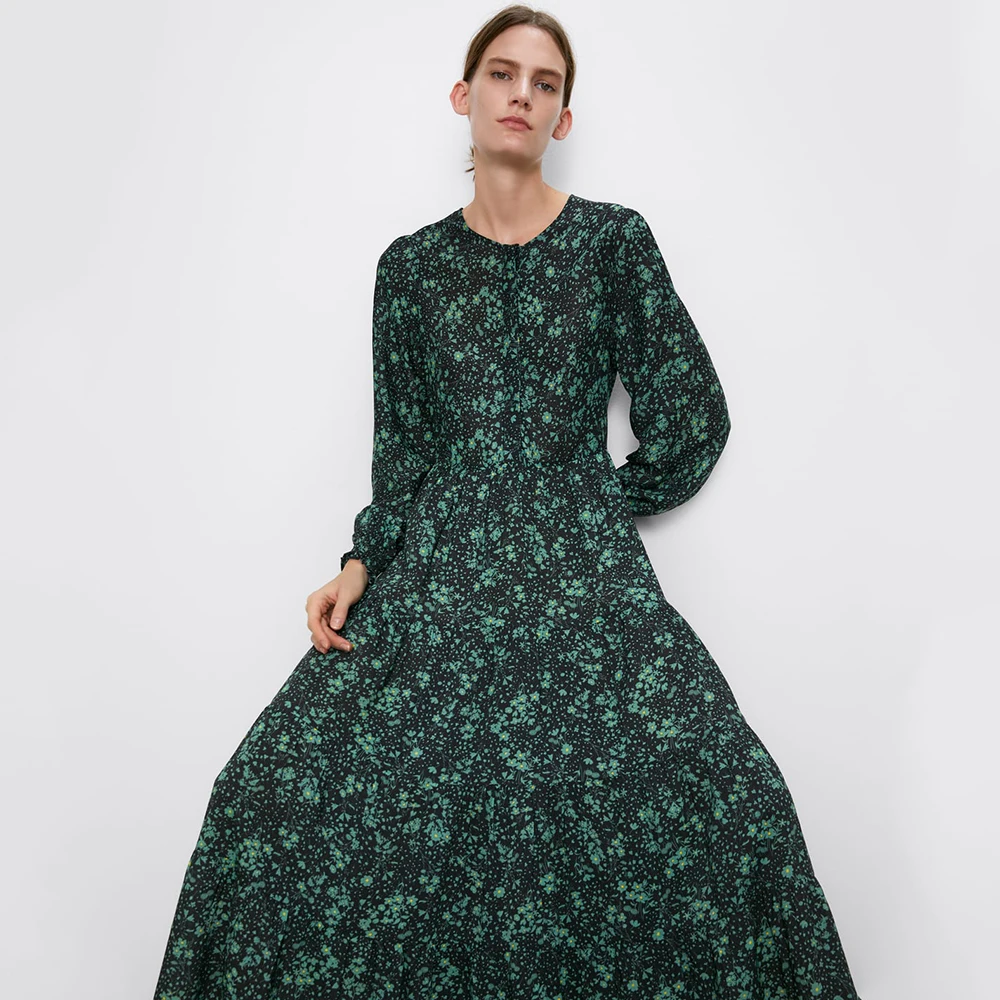 

Fashion ZA Round Collor Loose Long Dress for Women Fall Fold Decoration Trendy Flower Printing Design Elegant Dress Party