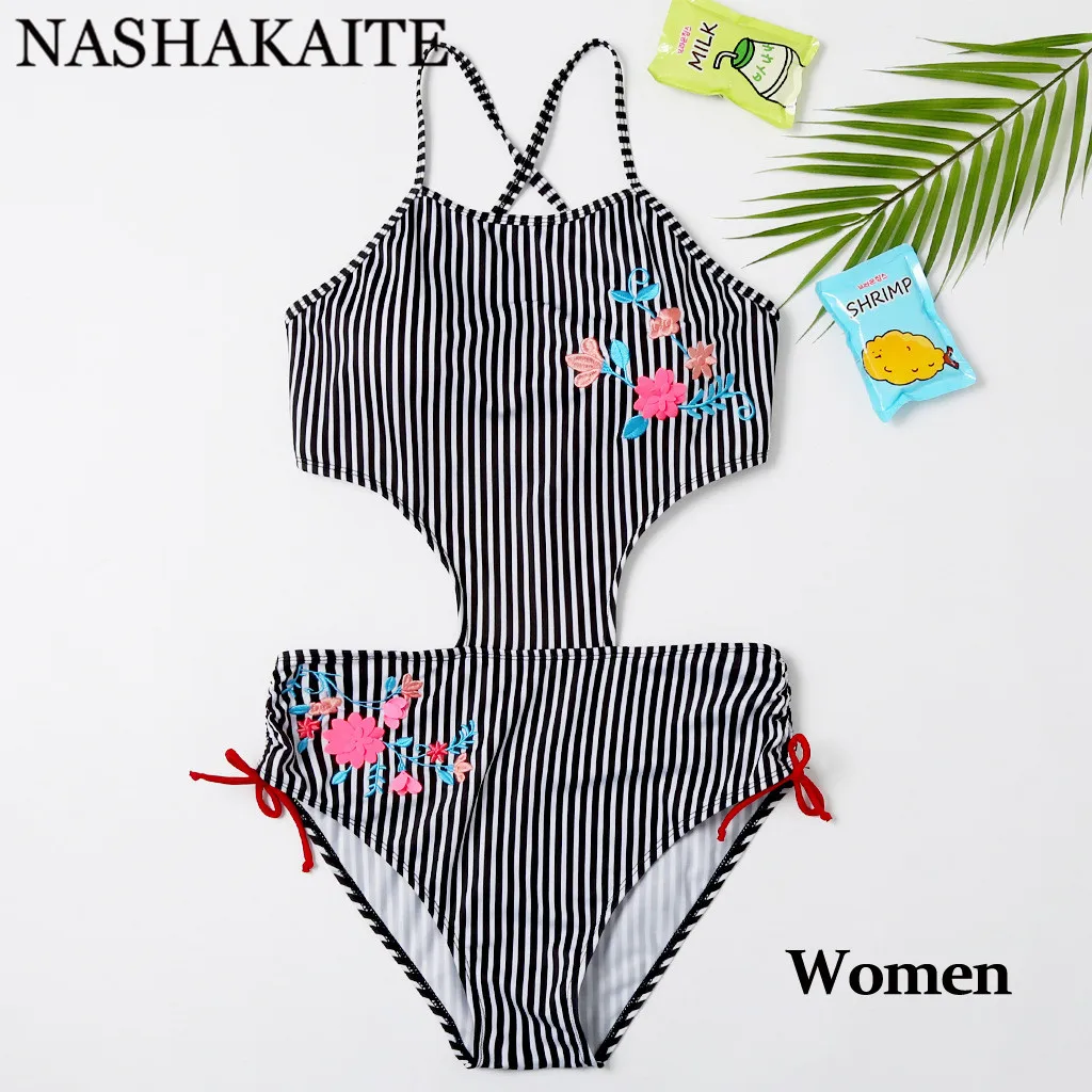 NASHAKAITE мама и дочь купальник цветочной вышивкой бандажная пляжная одежда ванный комплект Семья соответствия купальники - Цвет: Women Black