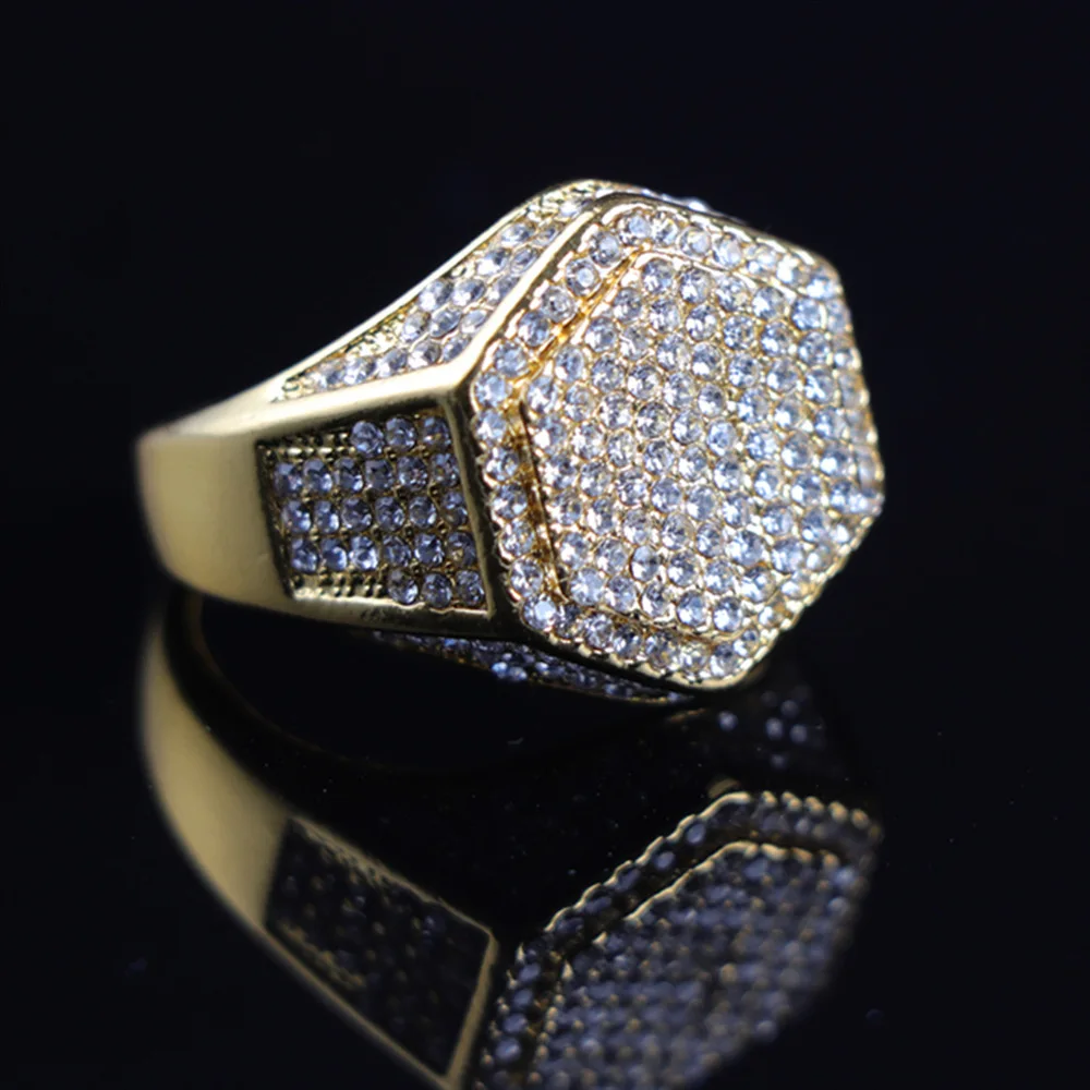 

Luxury Hexagon Rhinestone Rings for Men Women Hip Hop Gold Rings Bling Iced Out Rings Male Hip Hop Jewelry Fashion Accessories