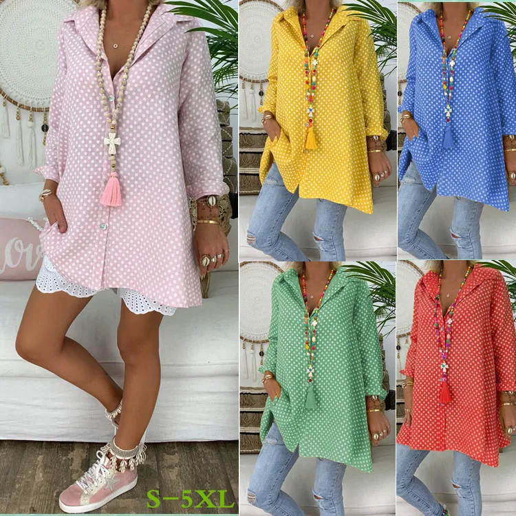 

Large size women's shirt 2019 autumn new lapel long-sleeved shirt printing wave point blouse