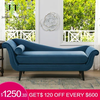 

Jennifer Taylor Kai Chaise Navy Blue Fairytale Couch,Lounging Chair Wooden Legs Single Bolster Pillow Included
