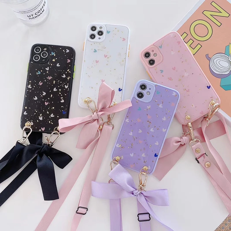 Camera protection Gold leaf Glitter soft phone case for iphone 7 8 Plus X XS XR MAX 11 Pro Crossbody bag Bow tie love cover capa | Мобильные