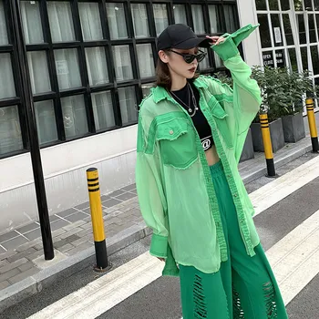 

BONJEAN Denim Patchwork Shirt for Women Loose Autumn Tops and Blouses 2020 Chemise Femme Long Sleeve Green Chiffon Shirt BJ1626