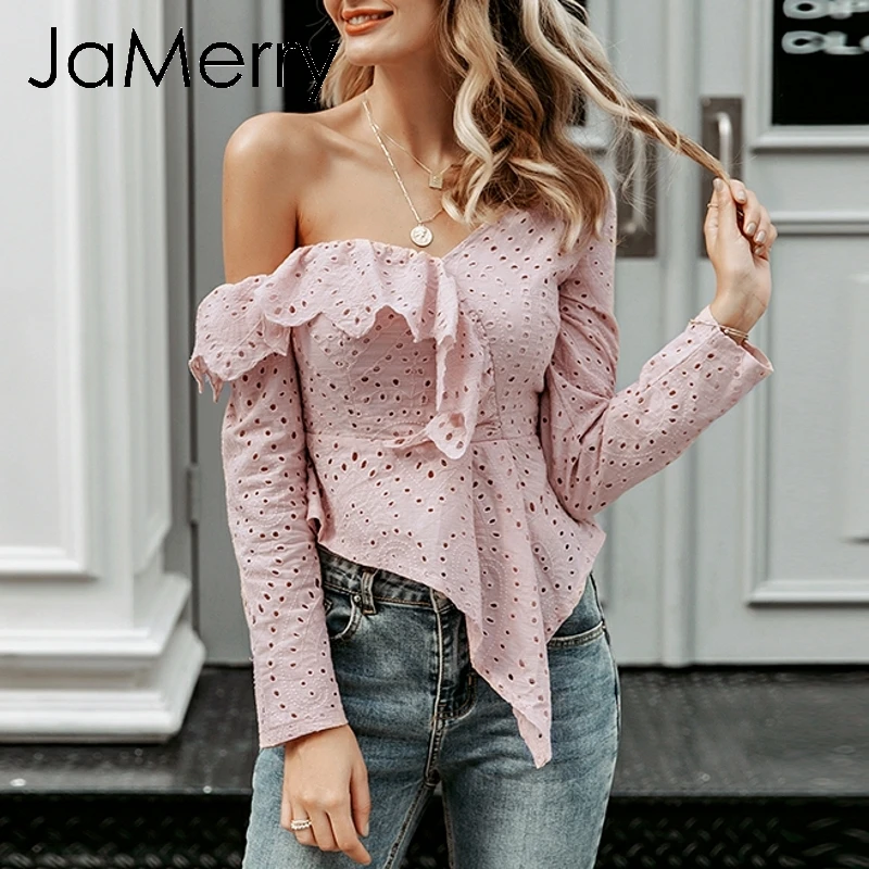 Женская Асимметричная блузка JaMerry белая кружевная с оборками и вышивкой на одно