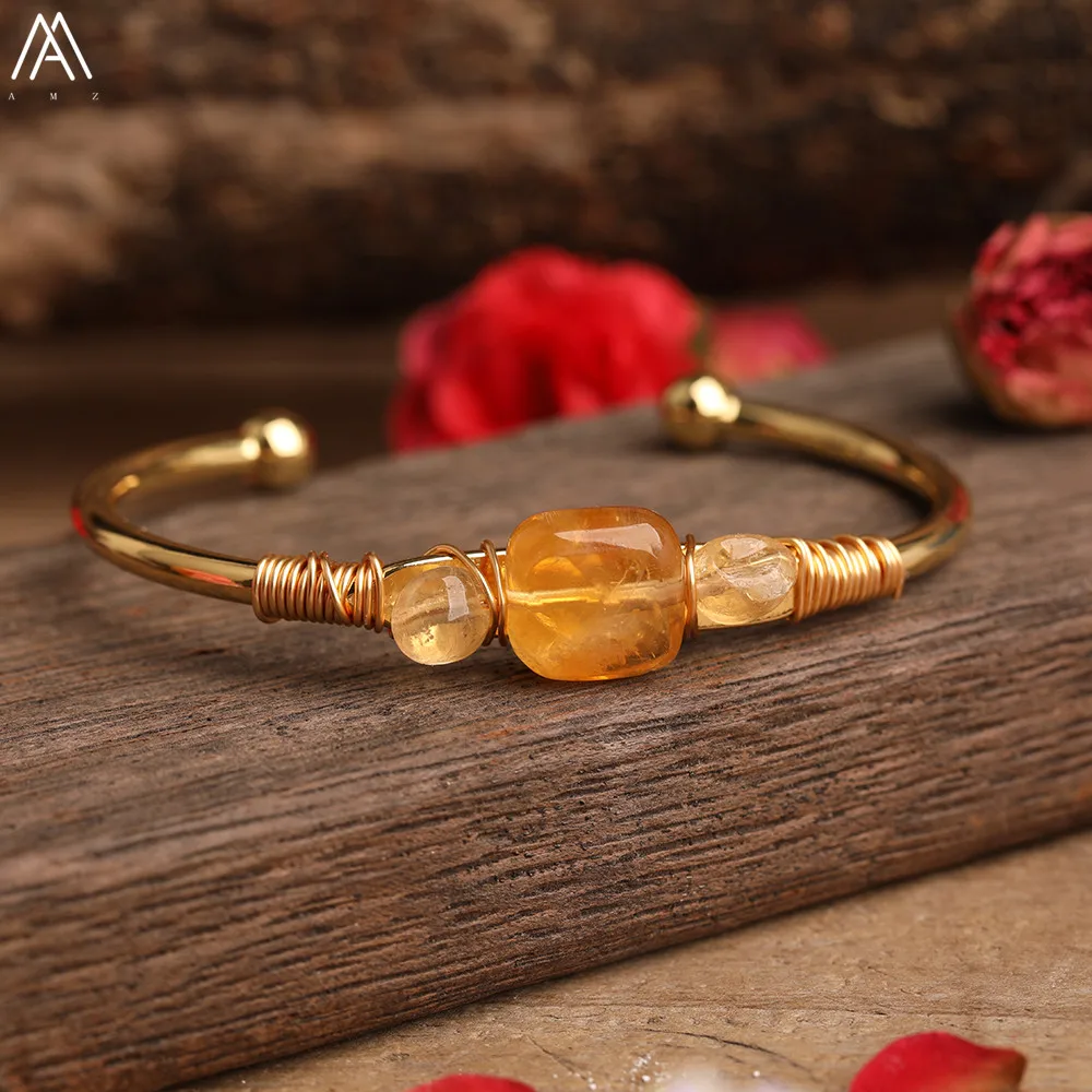 Natural Quartz Stone Beads Gold Bracelets Women Citrines Roses Quartz Chip Beads Open Cuff Bangles Bracelets Friendship Jewelry silver bangle bracelets Bracelets & Bangles