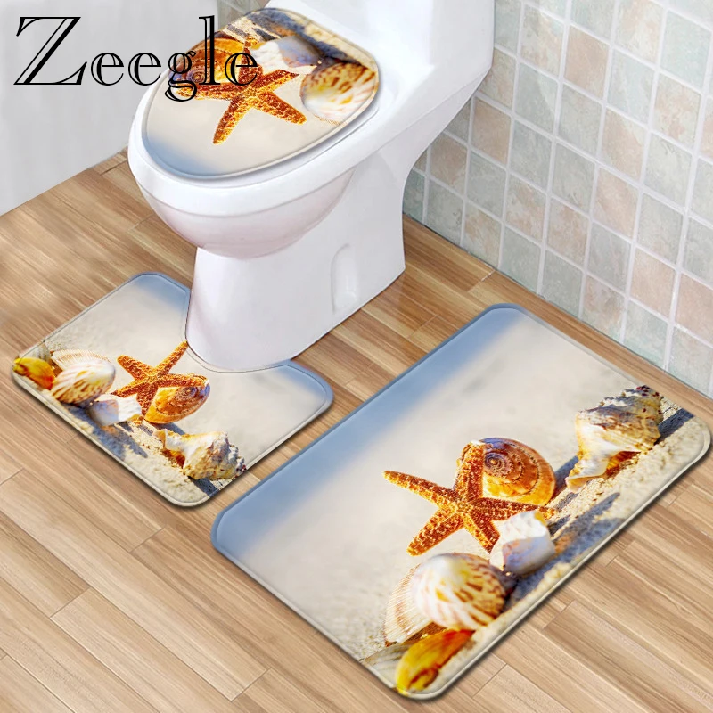 Zeegle 3D Printed Bath Mats Set Toilet Rugs Anti Slip Toilet Floor Mats Bathroom Carpets Set Toilet Lid Cover Shower Room Rug