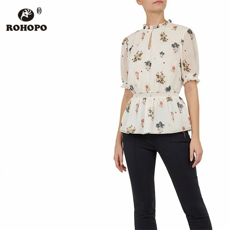 

ROHOPO Overlocked Round Collar Tunic Floral Double Layer White Blouse Pleated Ruffled Ladies Pullover Top Shirt #8601