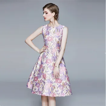 

High Quality Summer Ladies Designer Runway Dress Women Fashion Elegant Jacquard Flowers Print Midi Party Dresses 2020 New